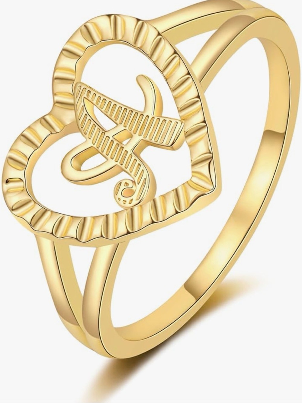 Gold Heart Initial Script Ring - Women Jewelry